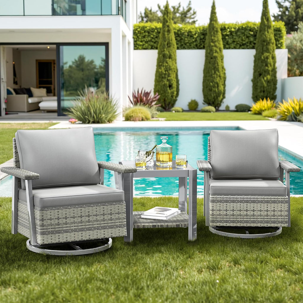 Pamapic 3 Pieces Patio Furniture Set, Outdoor Swivel Glider Rocking Chairs with Thick Cushions, Outdoor Wicker Bistro Set with Side Table, Swivel Conversation Set for Porch, Balcony, Deck