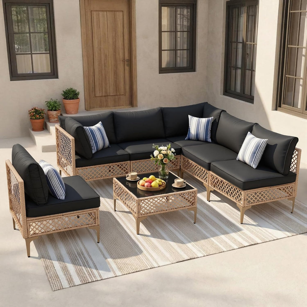 FHFO 7 Piece Patio Furniture Set, Outdoor Wicker Modular Sectional Patio Conversation Set with Thicker Cushion & Tempered Glass Coffee Table for Backyard, Poolside, Porch (Yellow/Black)