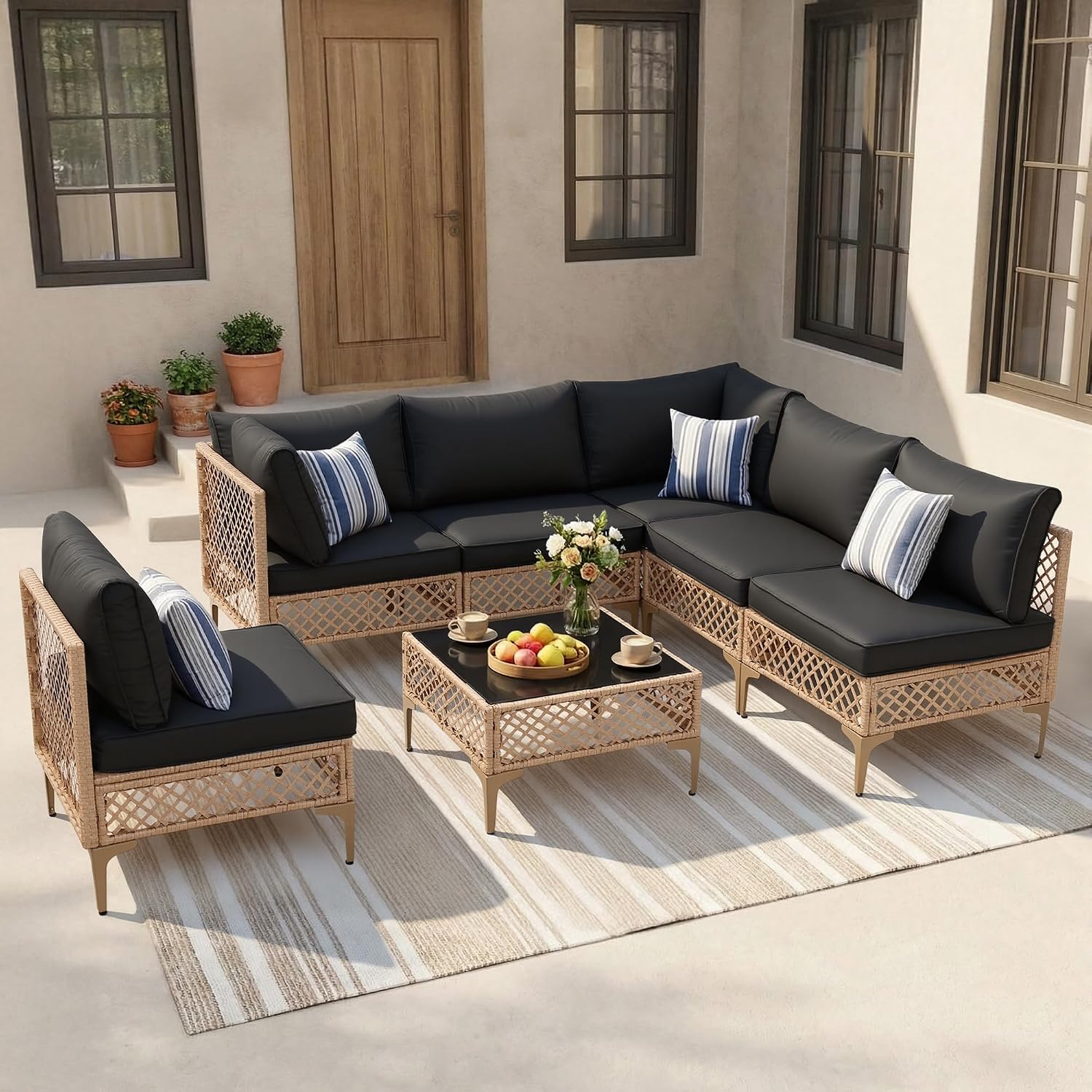 FHFO 7 Piece Patio Furniture Set, Outdoor Wicker Modular Sectional Patio Conversation Set with Thicker Cushion & Tempered Glass Coffee Table for Backyard, Poolside, Porch (Yellow/Black)