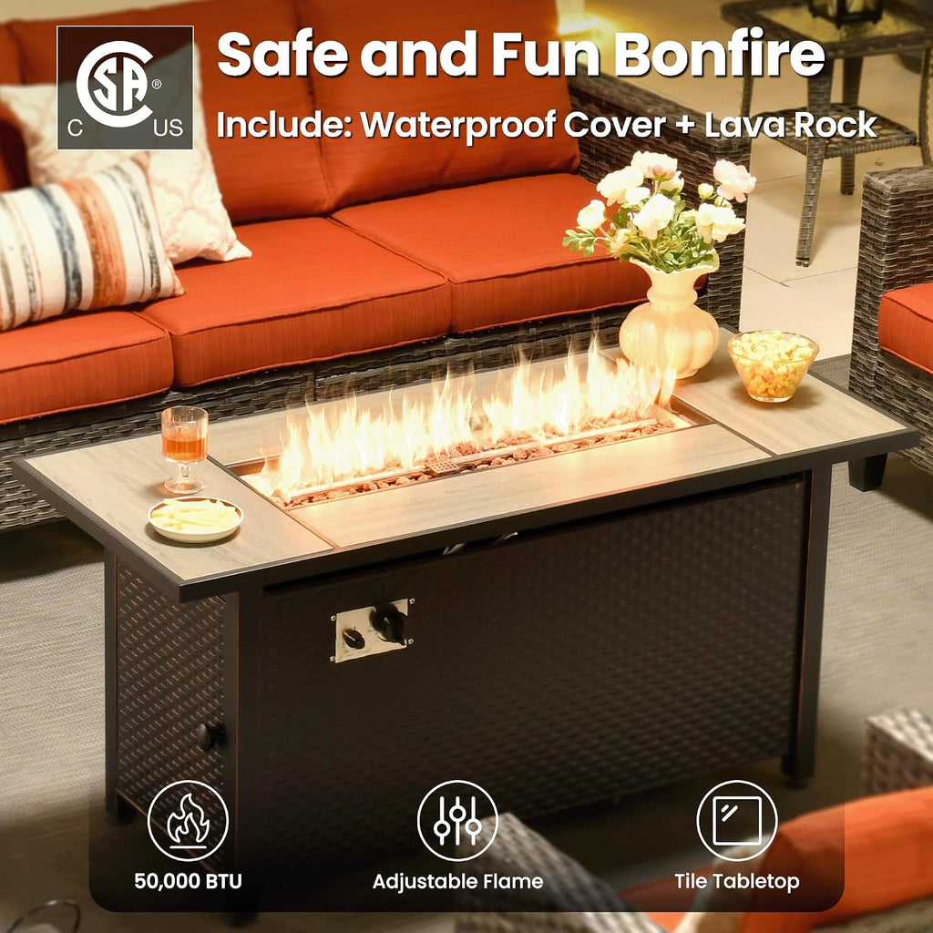 ovios 9 Pieces Patio Furniture Set with 54' Fire Pit Table, Outdoor Sofa Couch with Solar Lights Table Comfy Cushions, Modern Deep Seat Wicker Rattan Conversation Set, Orange Red