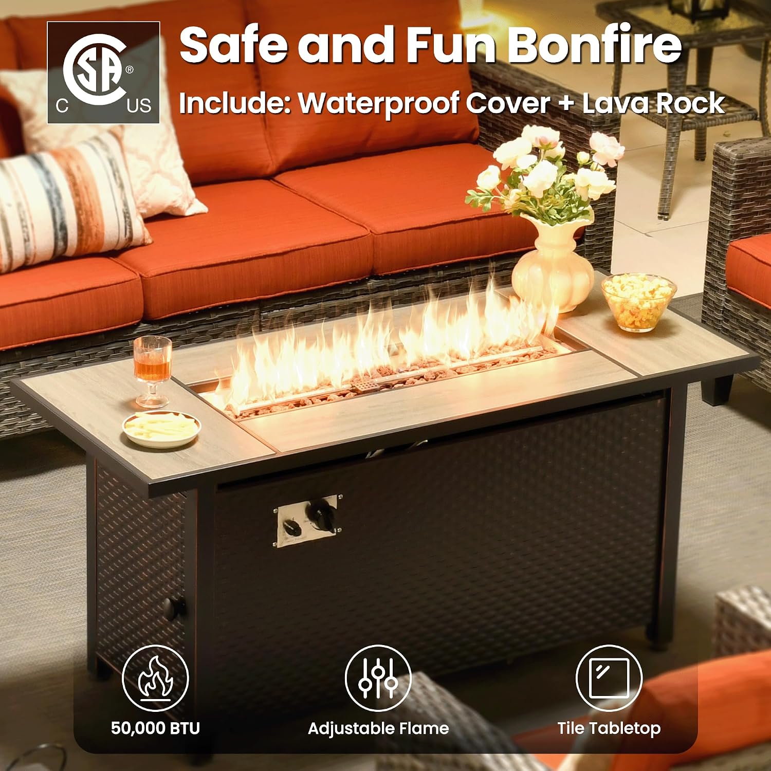 ovios 9 Pieces Patio Furniture Set with 54' Fire Pit Table, Outdoor Sofa Couch with Solar Lights Table Comfy Cushions, Modern Deep Seat Wicker Rattan Conversation Set, Orange Red