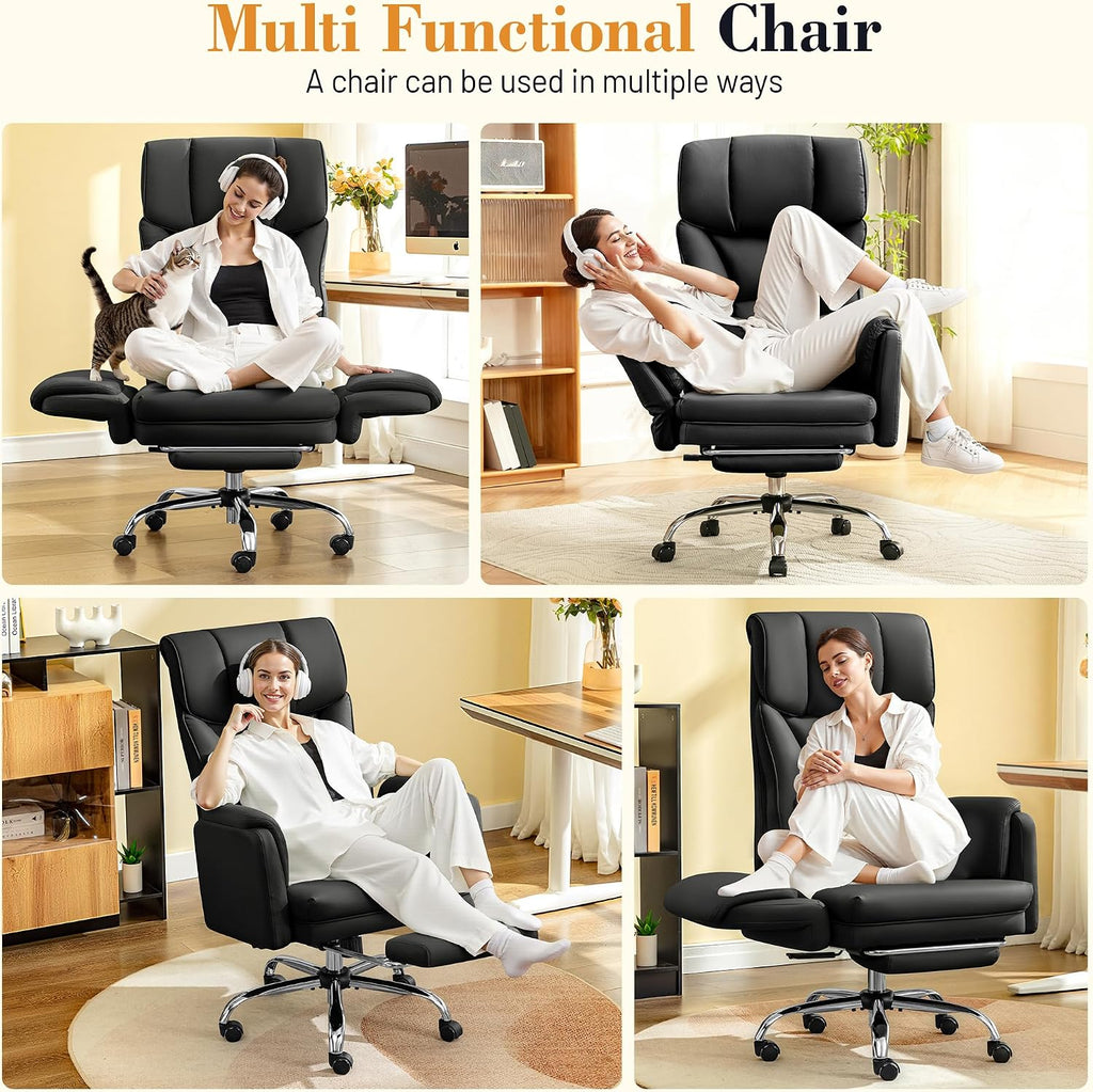 FelixKing Big and Tall Office Chair, 400LBS Wide Leather Executive Chair, Reversible Armrest for Pets Criss Cross Legged, 135° Reclining High Back Gaming Desk Chair with Lumbar Support Footrest, Black