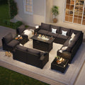 Aoxun Patio Furniture Sets with 44'' Fire Pit, 13 Pcs Outdoor Patio Coversation Set with 4in Thicken Cushion, Widen Armrests Wicker Outdoor Sectional for Backyard (Waterproof Cover Include)