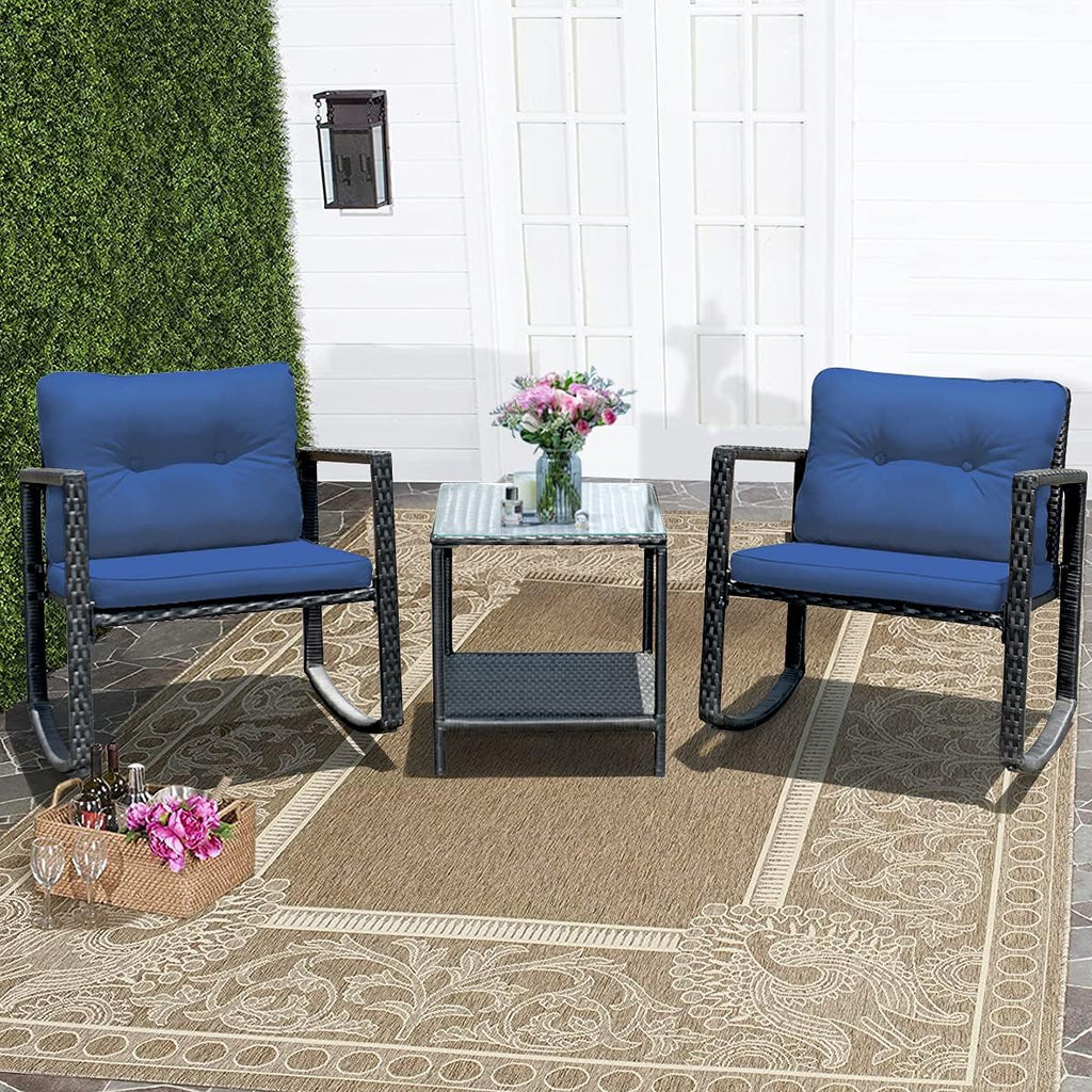 COSTWAY 3 Pieces Patio Rattan Rocking Chair Set, Outdoor Conversation Furniture Sets with Coffee Table, Storage Shelf and Cushions, Modern Bistro Set for Porch, Backyard, Garden, Navy