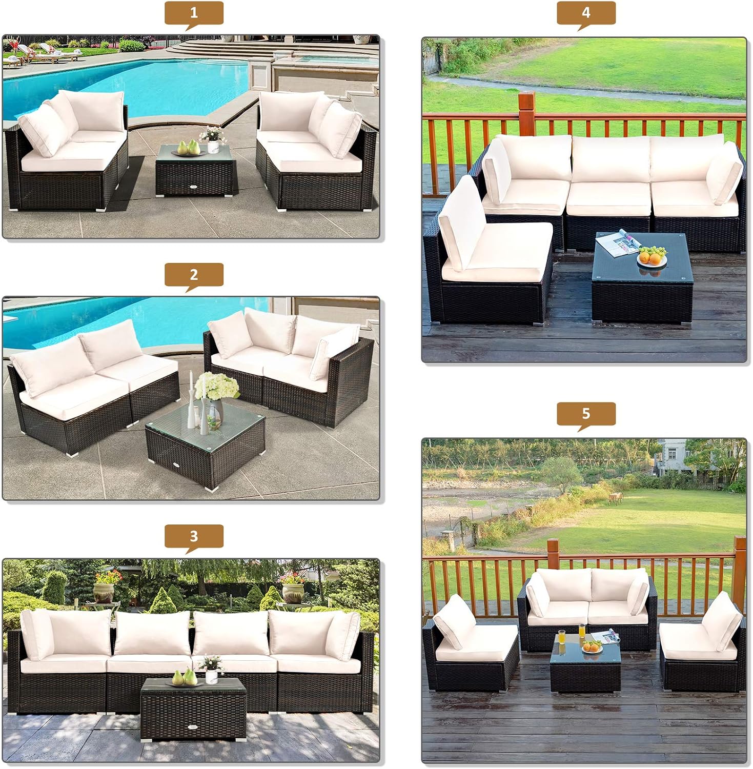 Tangkula 6-Piece Patio Furniture Set with 30' Propane Fire Pit Table, Outdoor PE Wicker Conversation Set with Cushions and Tempered Glass Coffee Table, Gas Fire Pit Table with 50,000 BTU (Off White)
