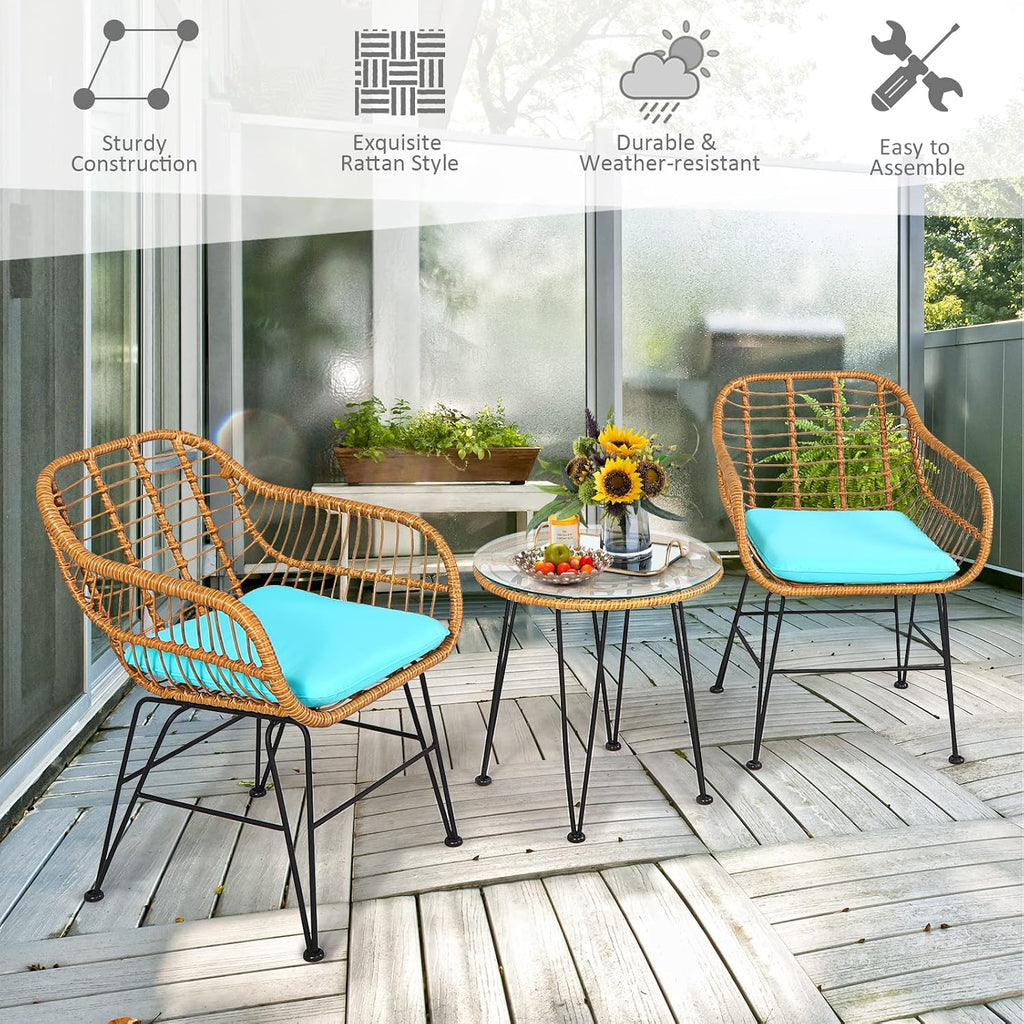 Tangkula 3 Pieces Patio Bistro Set, Rattan Conversation Set with 2 Cushioned Armchairs & Round Glass Coffee Table, Indoor Outdoor Wicker Furniture Set for Balcony, Backyard, Garden, Poolside
