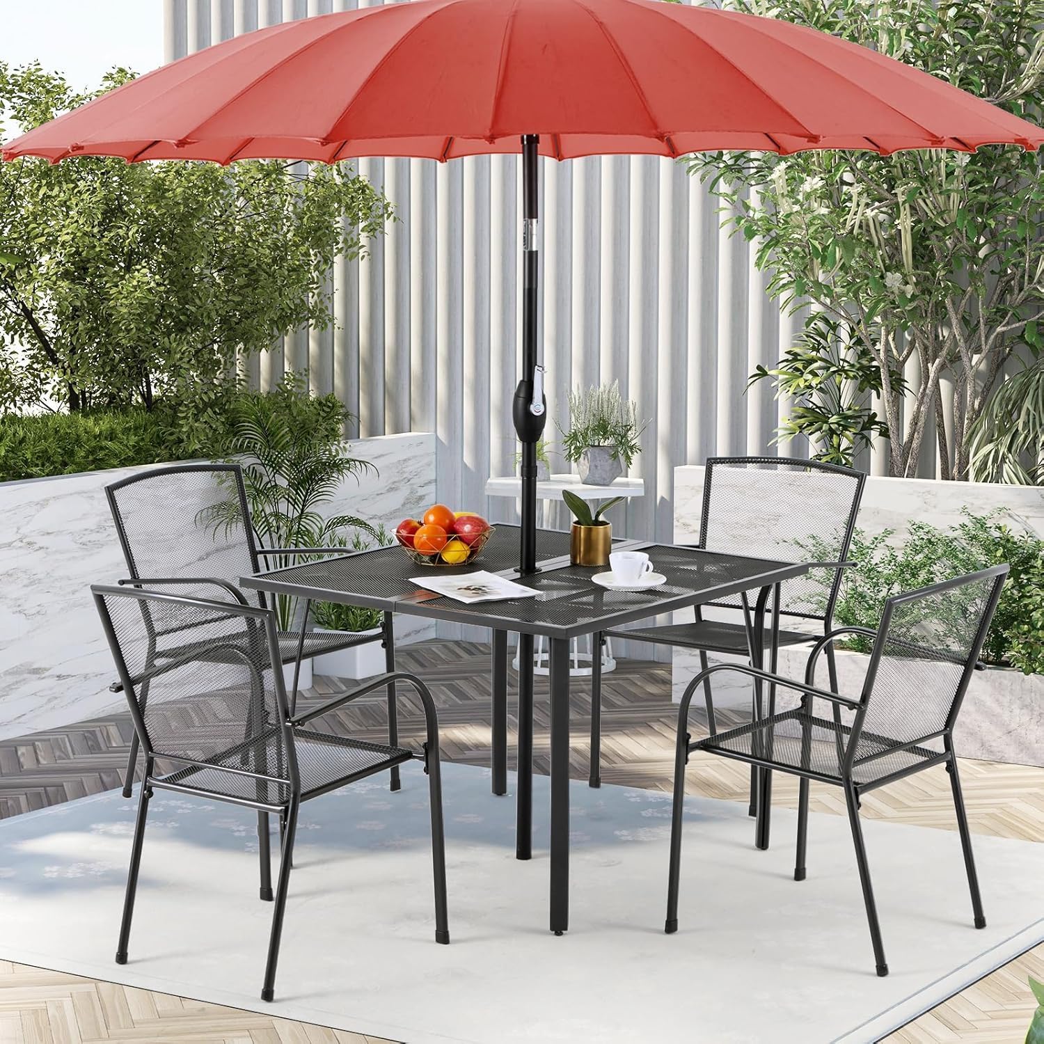 AECOJOY39.4 Outdoor Patio Dining Table and Chairs Set for 4, Square Metal Patio Table with 1.6' Umbrella Hole, All-Weather Resistant Outdoor Furniture Table Set for Patio, Backyard, Garden, Poolside
