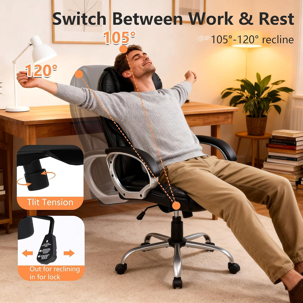 FDW Office Chair Computer High Back Adjustable Ergonomic Desk Chair Executive PU Leather Swivel Task Chair with Armrests Lumbar Support (Dark Black)