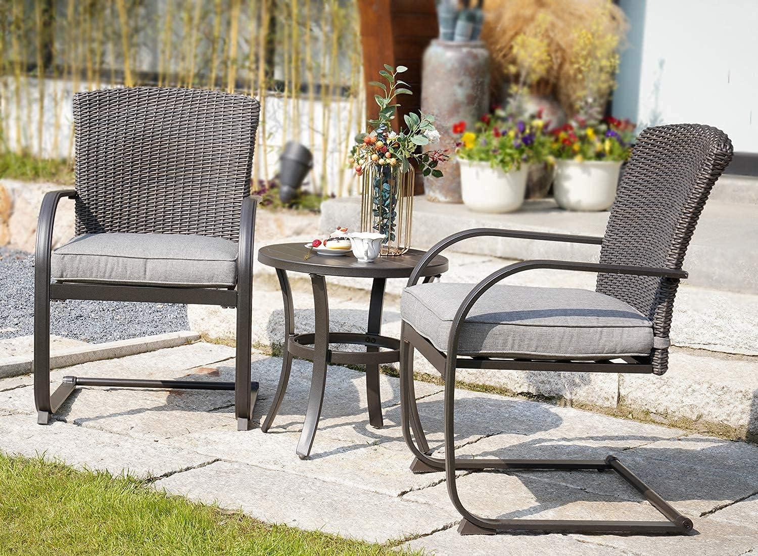 Grand patio 3-Piece Bistro Set, Outdoor Wicker Table Set, Rocking Wicker Chairs with Removable Cushions and Small Coffee Table, Patio Furniture Sets for Balcony, Porch, Grey