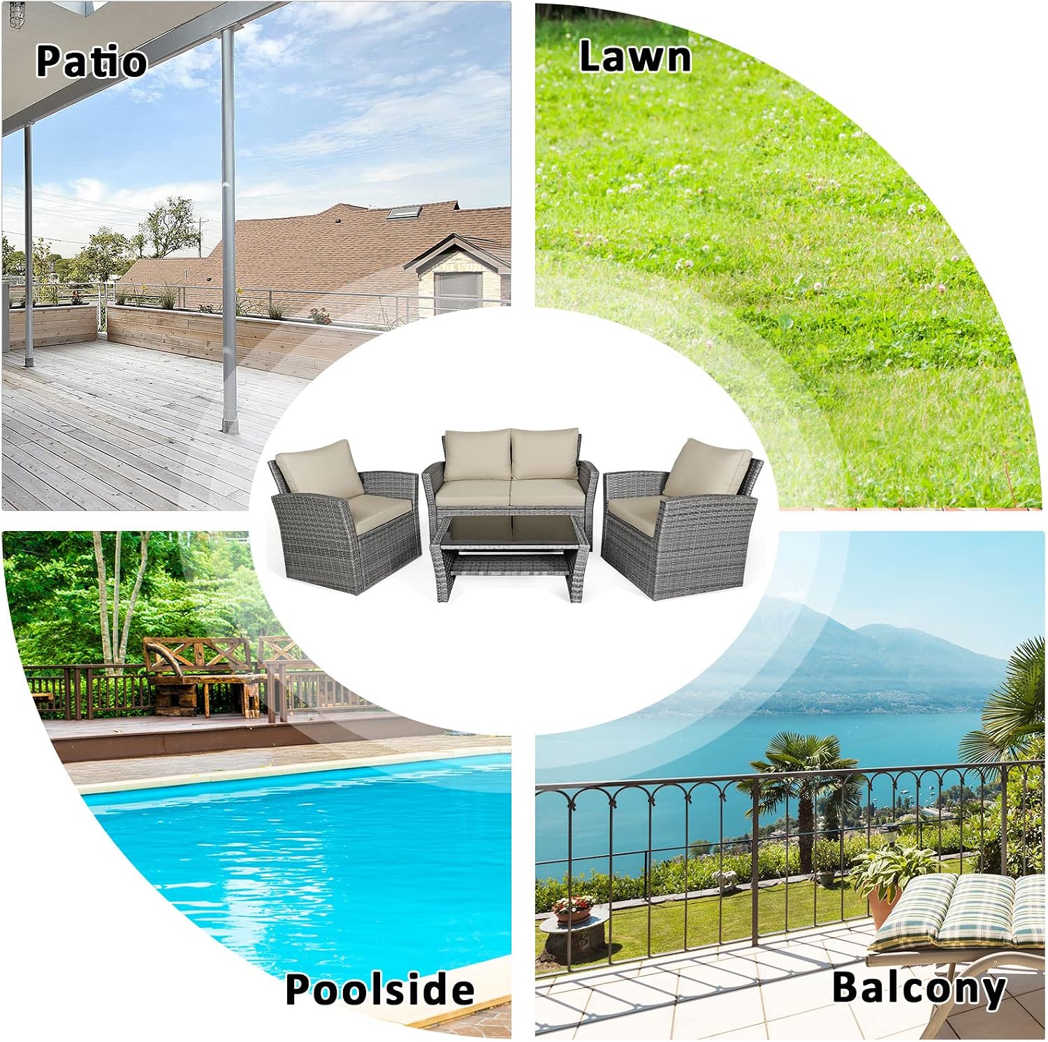 COSTWAY 4 Pieces Patio Rattan Furniture Set, Outdoor Wicker Sofa Set with Tempered Glass Coffee Table, Cushions, All Weather Rattan Conversation Set for Yard Balcony Backyard Pool (Khaki)