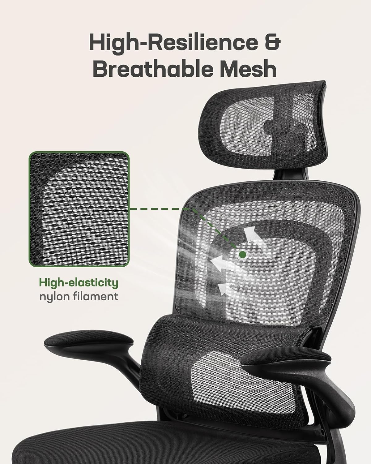 Marsail Office Chair Ergonomic-Desk Chair: High Back Mesh Office Chair with Lumbar Support,Flip-Up Armrests&2D Headrest,Gaming Chair with Rocking Tilt, Swivel Computer Task Chair for Long Hours