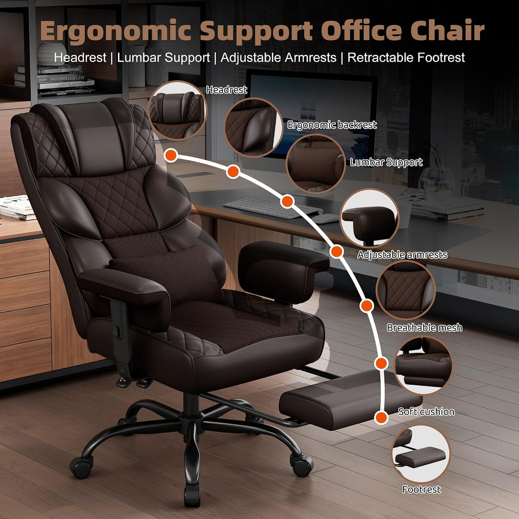 Vonesse Big and Tall Office Chair, Desk Chair with Soft Adjustable Armrests, Ergonomic High Back Gaming Chair with Lumbar Support, Executive Computer Chairs with Footrest (PU Leather, Brown)