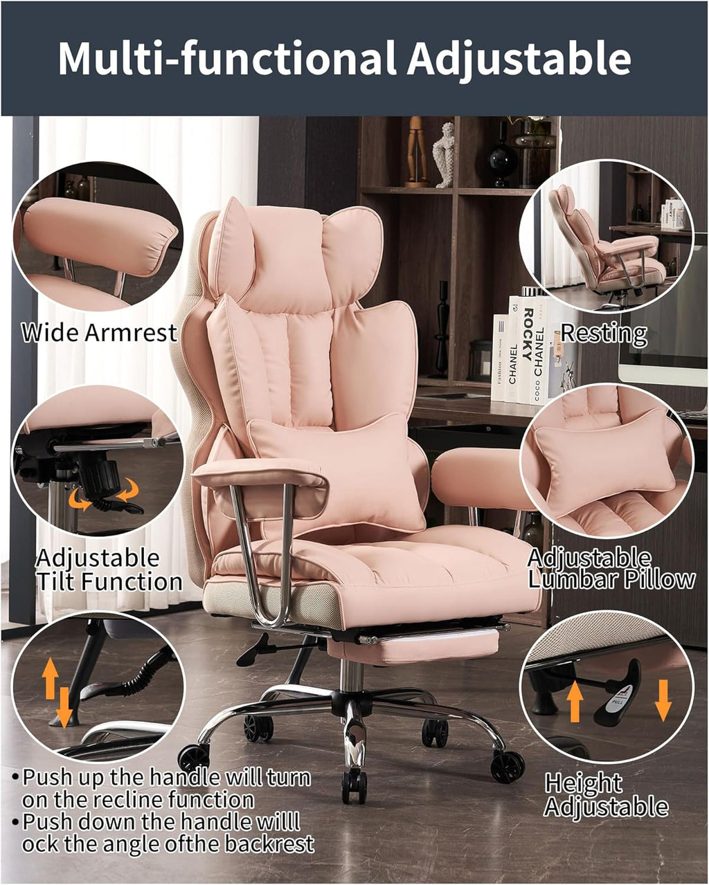 Efomao Big and Tall Office Chair 400LBS - Pink Heavy Duty Executive Office Chair with Footrest, Ergonomic Home Office Desk Chair, Wide Computer Chair for Heavy People