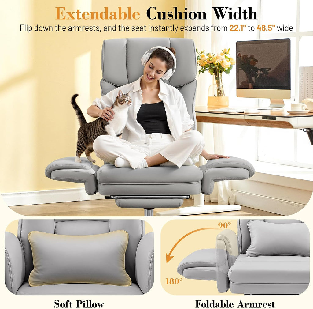 FelixKing Big and Tall Office Chair, 400LBS Wide Leather Executive Chair, Reversible Armrest for Pets Criss Cross Legged, 135° Reclining High Back Gaming Desk Chair with Lumbar Support Footrest, Gray