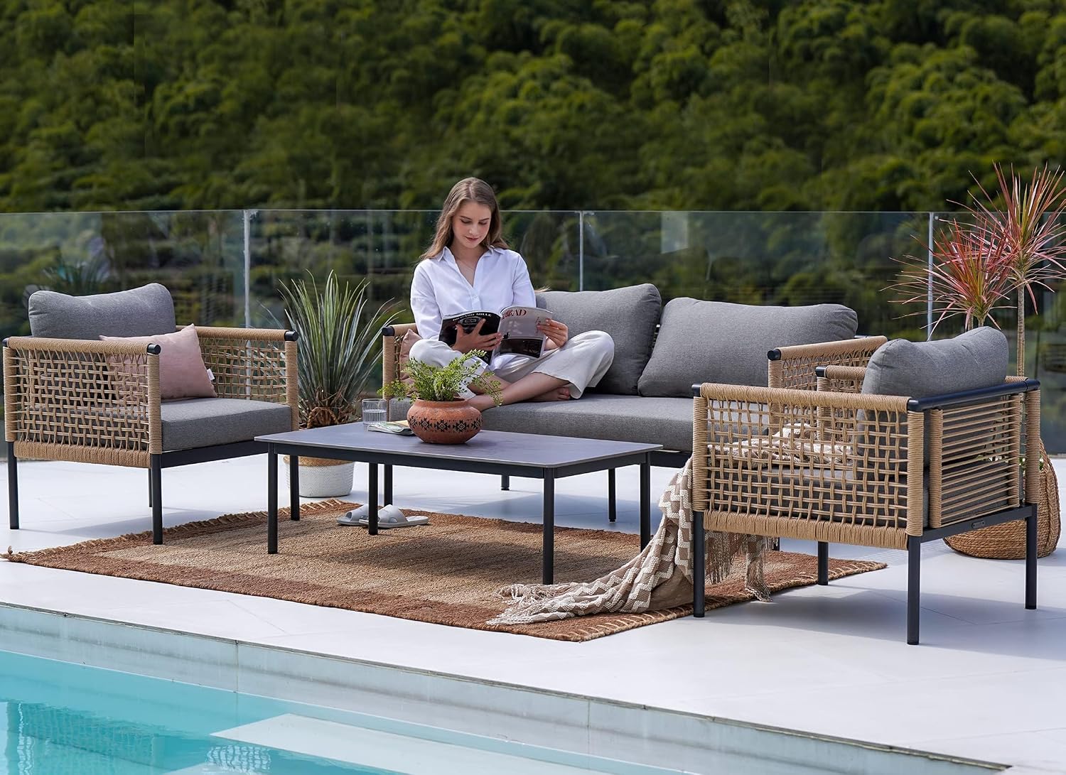 Grand patio Outdoor 4-Piece Conversation Set Rust Free Patio Furniture Set Open-Weave Wicker Olefin Modern Sofa Seating for Garden, Backyard, Balcony, Gray