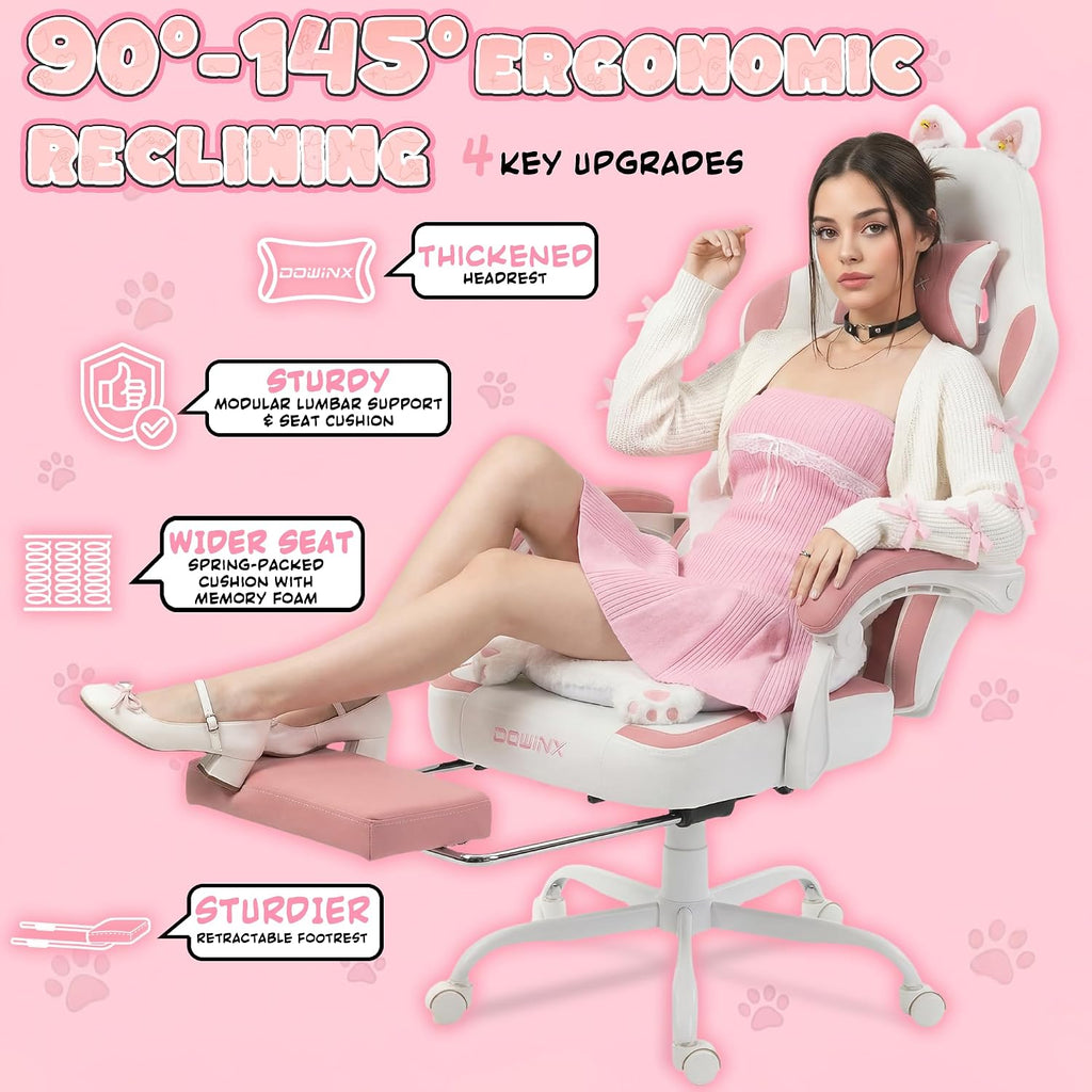 Dowinx Gaming Chair with Cat Ears and Paw Lumbar Pillow, Ergonomic Reclining Chair, Memory Foam and Spring Cushion, Footrest, 300lbs Capacity, Cute and Comfortable Design for Women & Girls