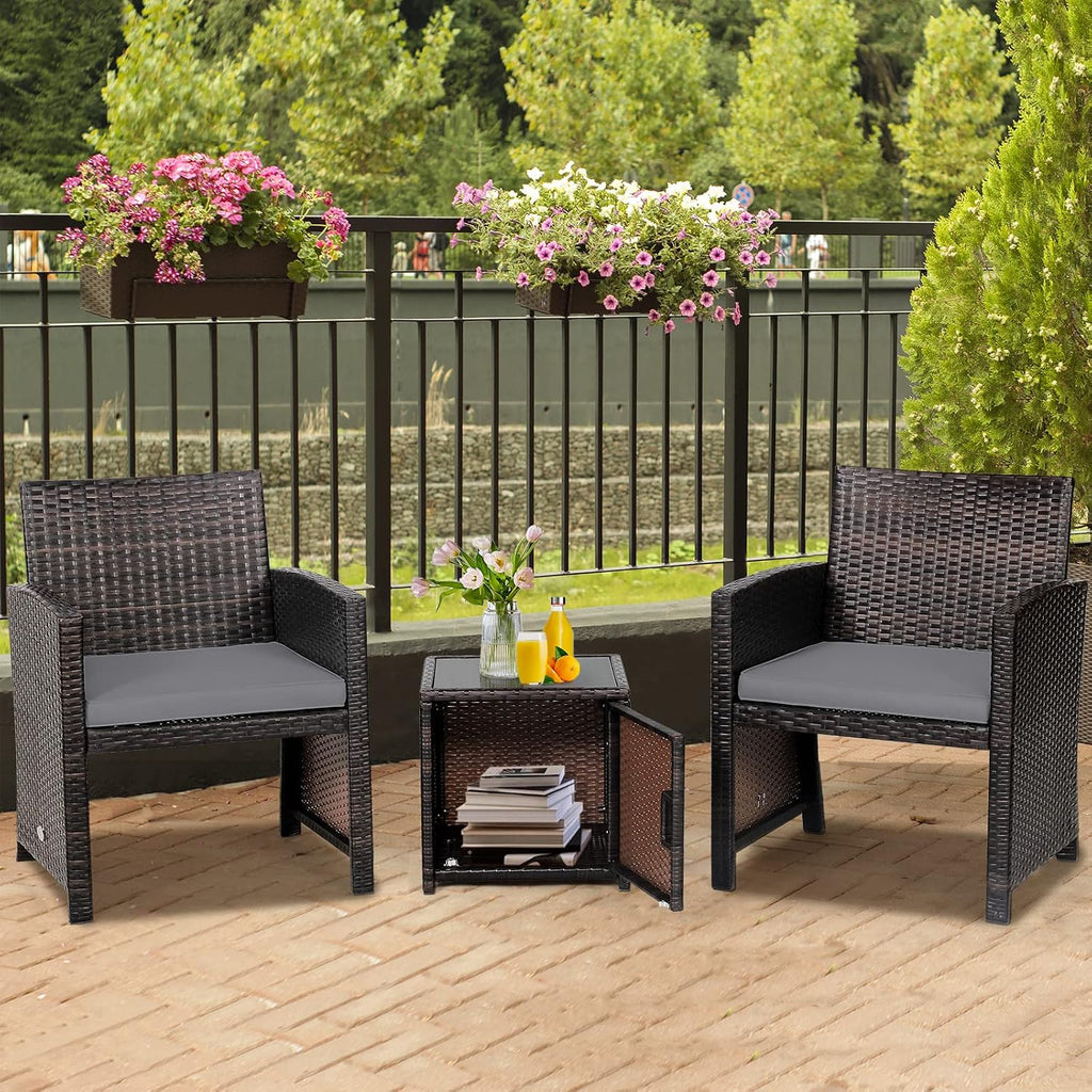 Tangkula 3 Pieces Outdoor Wicker Conversation Set with Waterproof Cover, 2 Patio PE Rattan Cushioned Chairs with Side Storage Table, Suitable for Front Porch, Balcony, Garden, Poolside and Yard (Grey)