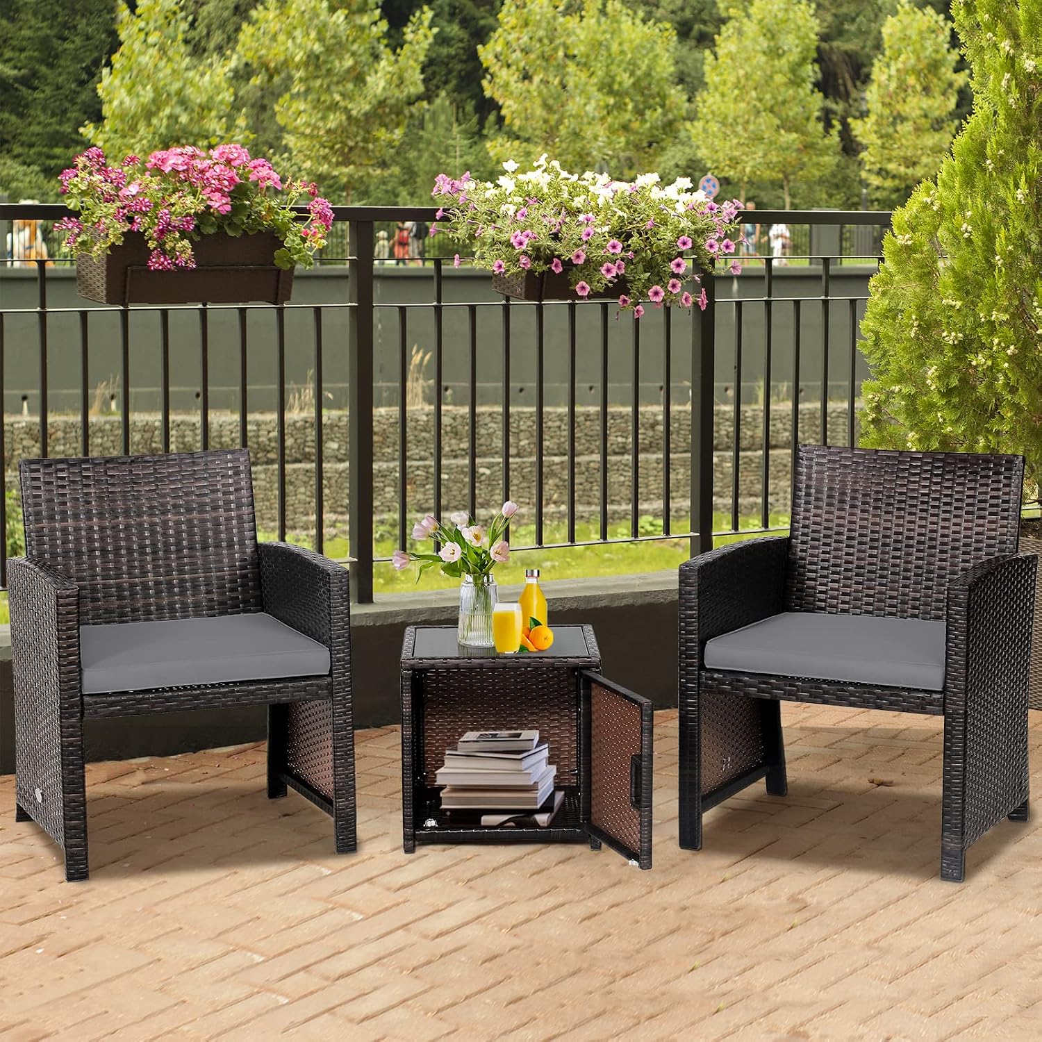 Tangkula 3 Pieces Outdoor Wicker Conversation Set with Waterproof Cover, 2 Patio PE Rattan Cushioned Chairs with Side Storage Table, Suitable for Front Porch, Balcony, Garden, Poolside and Yard (Grey)