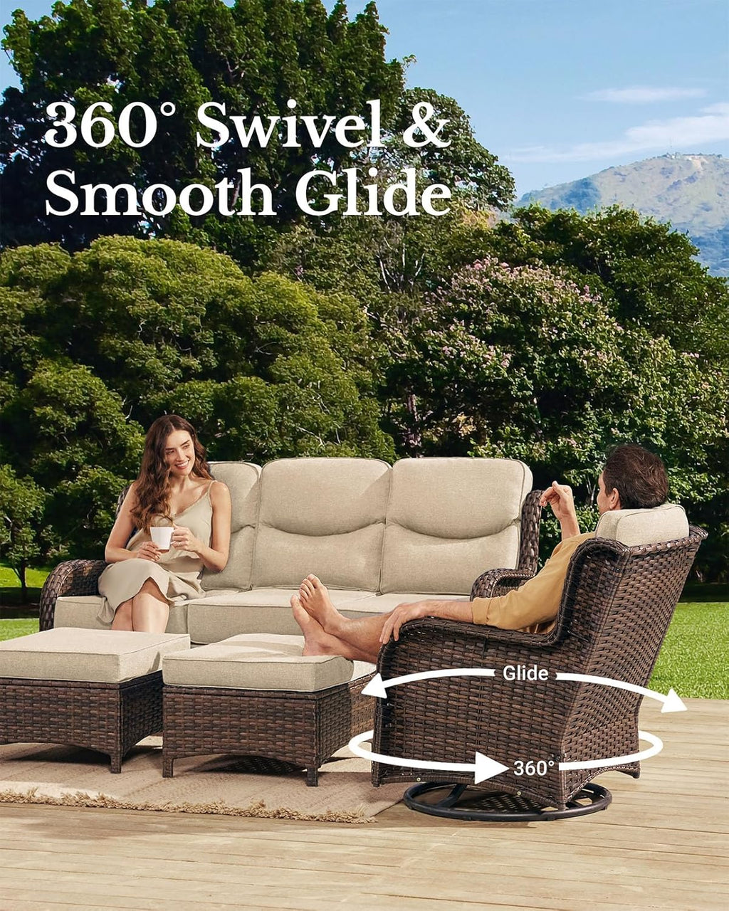 HILLGA Luxury High Back Patio Furniture Set with 6-Inch Thick Cushion, 6-Piece Outdoor Conversation Set with Sofa, Swivel Rocker Chairs & Ottomans, Ideal for Porch Pool Deck Yard (Beige)