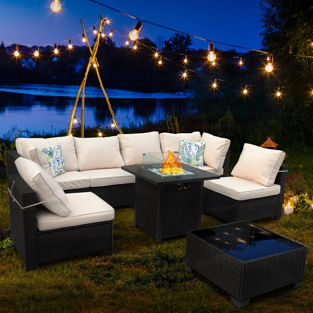 8 Piece Wicker Outdoor Patio Furniture Set with Fire Pit Table, Patio Sectional Sofa Perfect for Deck, Garden, Yard, Includes Splashproof Anti-Slip Cushions and 2 Pillows (Brown/Beige)
