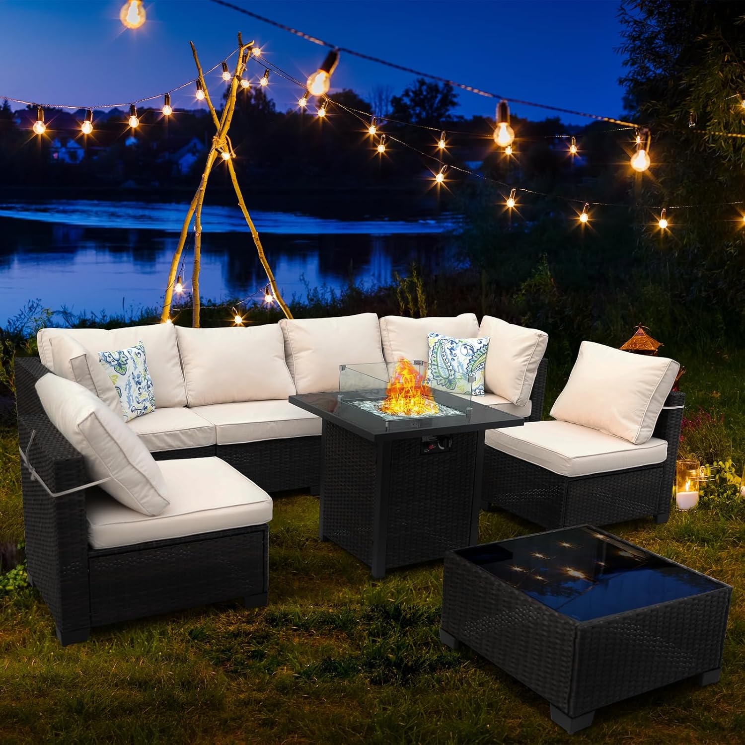 8 Piece Wicker Outdoor Patio Furniture Set with Fire Pit Table, Patio Sectional Sofa Perfect for Deck, Garden, Yard, Includes Splashproof Anti-Slip Cushions and 2 Pillows (Brown/Beige)