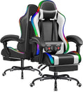 Furmax Gaming Chair with RGB LED Lights, Video Game Chair with Footrest and Massage Lumbar Support, High Back Reclining Computer Chair with Headrest, Swivel Seat Gamer Chair (LED White)