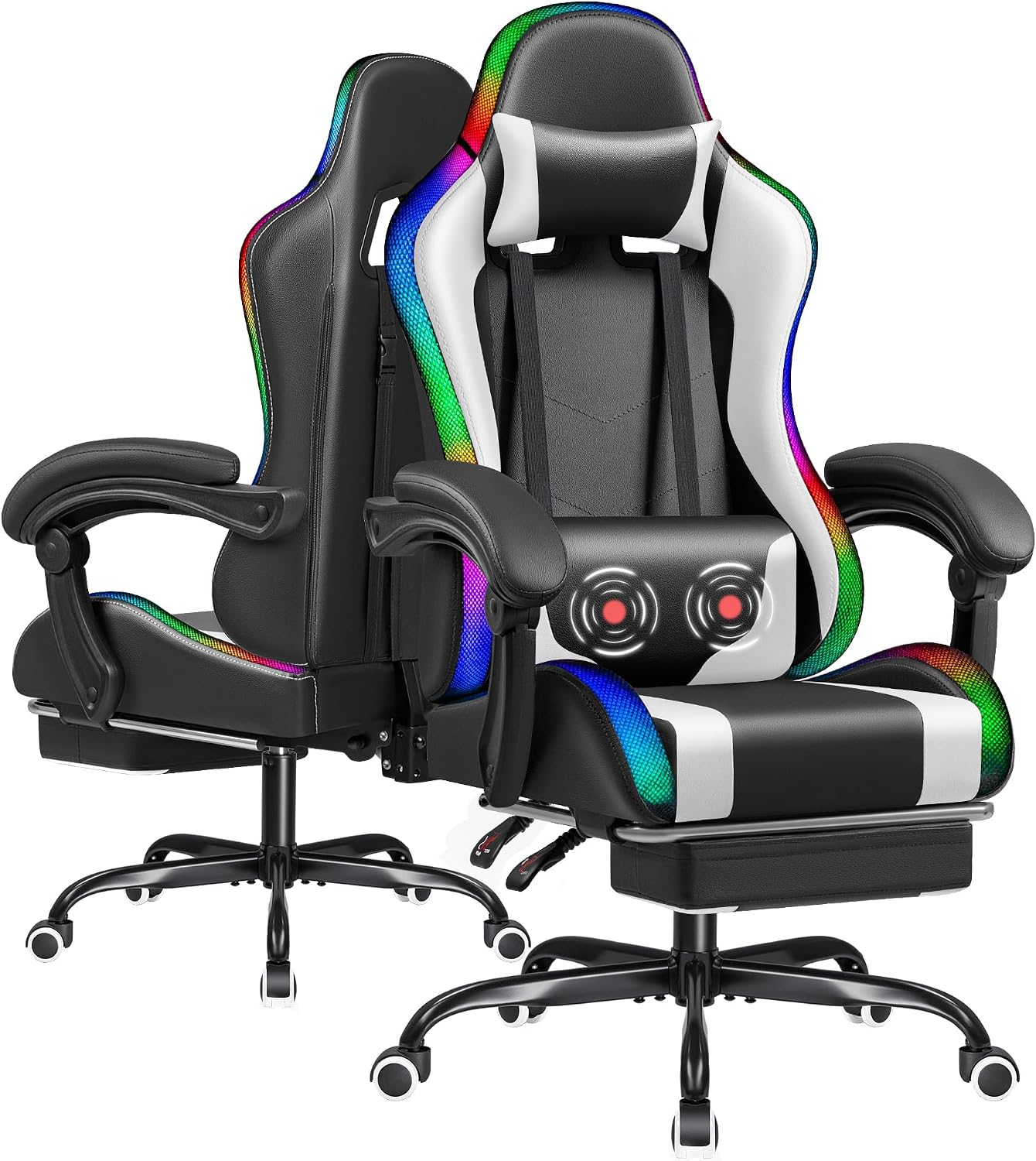 Furmax Gaming Chair with RGB LED Lights, Video Game Chair with Footrest and Massage Lumbar Support, High Back Reclining Computer Chair with Headrest, Swivel Seat Gamer Chair (LED White)