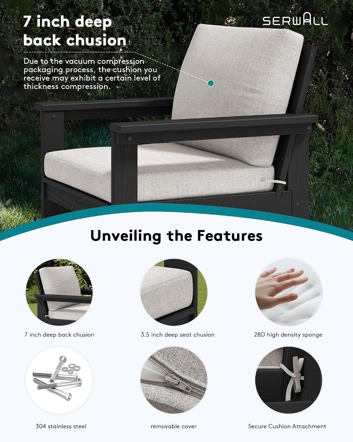 SERWALL HDPE Patio Conversation Set, 6-piece Sectional Outdoor Furniture Set, All Weather Outdoor Couch Set Patio Furniture Set for Deck, Lawn, Black Frame with Khaki Cushion