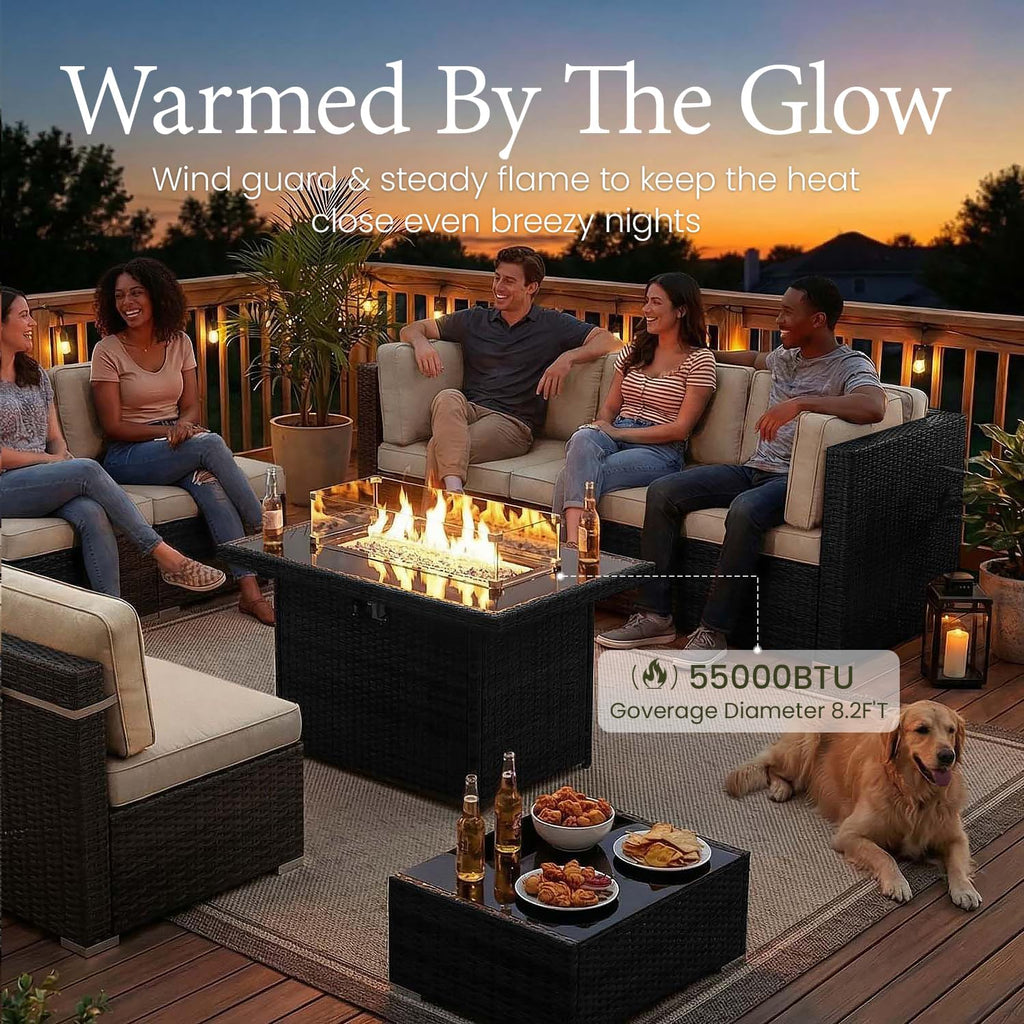 LayinSun 15 Piece Patio Furniture Set with Fire Pit Table, Outdoor Conversation Sets Wicker Rattan Sectional Sofa with Coffee Table