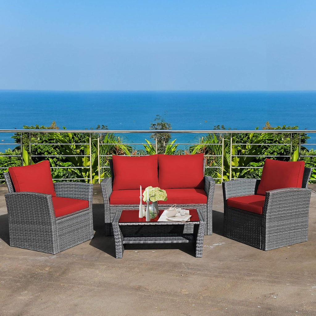 COSTWAY 4 Pieces Patio Rattan Furniture Set, Outdoor Wicker Sofa Set with Tempered Glass Coffee Table, Cushions, All Weather Rattan Conversation Set for Yard Balcony Backyard Pool (Red)