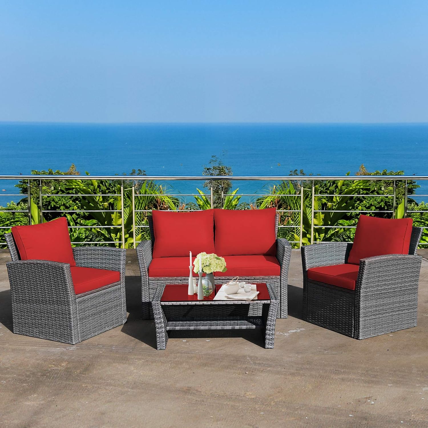 COSTWAY 4 Pieces Patio Rattan Furniture Set, Outdoor Wicker Sofa Set with Tempered Glass Coffee Table, Cushions, All Weather Rattan Conversation Set for Yard Balcony Backyard Pool (Red)