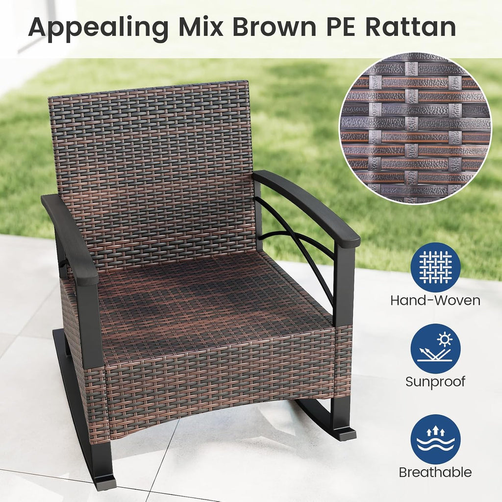Tangkula 3 Piece Rattan Rocking Chair Set, Patio Rocker Bistro Set w/Acacia Wood Tabletop & Armrests, 2 Outdoor Cushioned Armchairs w/Double-Tier Side Table for Porch, Balcony, Backyard