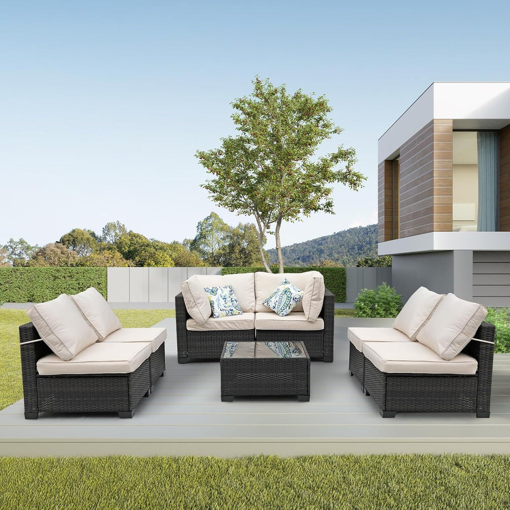 7 Pieces Patio Furniture Set (Brown/Beige), All-Weather Rattan Outdoor Sectional Sofa Set with Anti-Slip Cushions and 2 Pillows, Perfect for Deck, Garden, Lawn