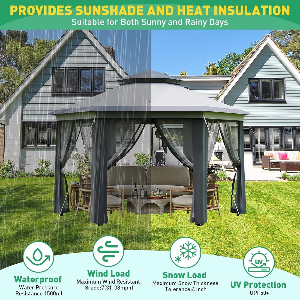13x13ft Pop Up Gazebo, Outdoor Gazebo with 6 Pieces of Mesh Cloth, Zipper Door & Double Roof, Adjustable Tent Pavilion, UV-Resistant Outdoor Party Tent for Backyard, Garden (Light Gray + Dark Gray)