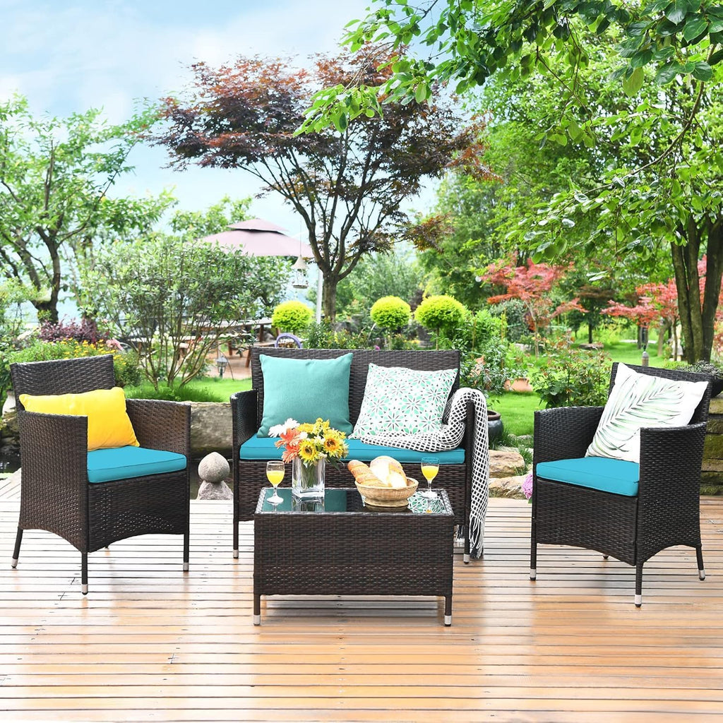 COSTWAY Outdoor Rattan Patio Furniture Set 4 Pieces, Wicker Rattan Cushioned Conversation Conversation Chairs with Coffee Table for Backyard Balcony Porch Poolside, Turquoise