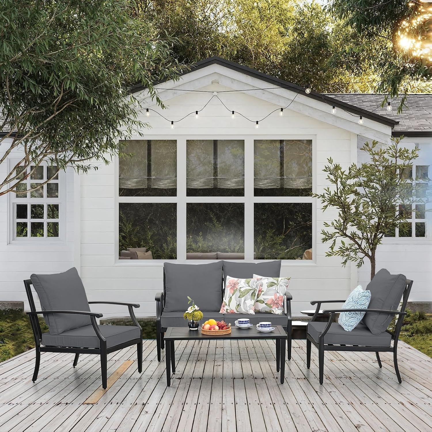 JOYURE 4 Pieces Patio Furniture Set w/loveseat,Coffe Table,Outdoor Conversation Metal Sofa with High Back and Thick Cushion,for Backyard,Garden,Grey
