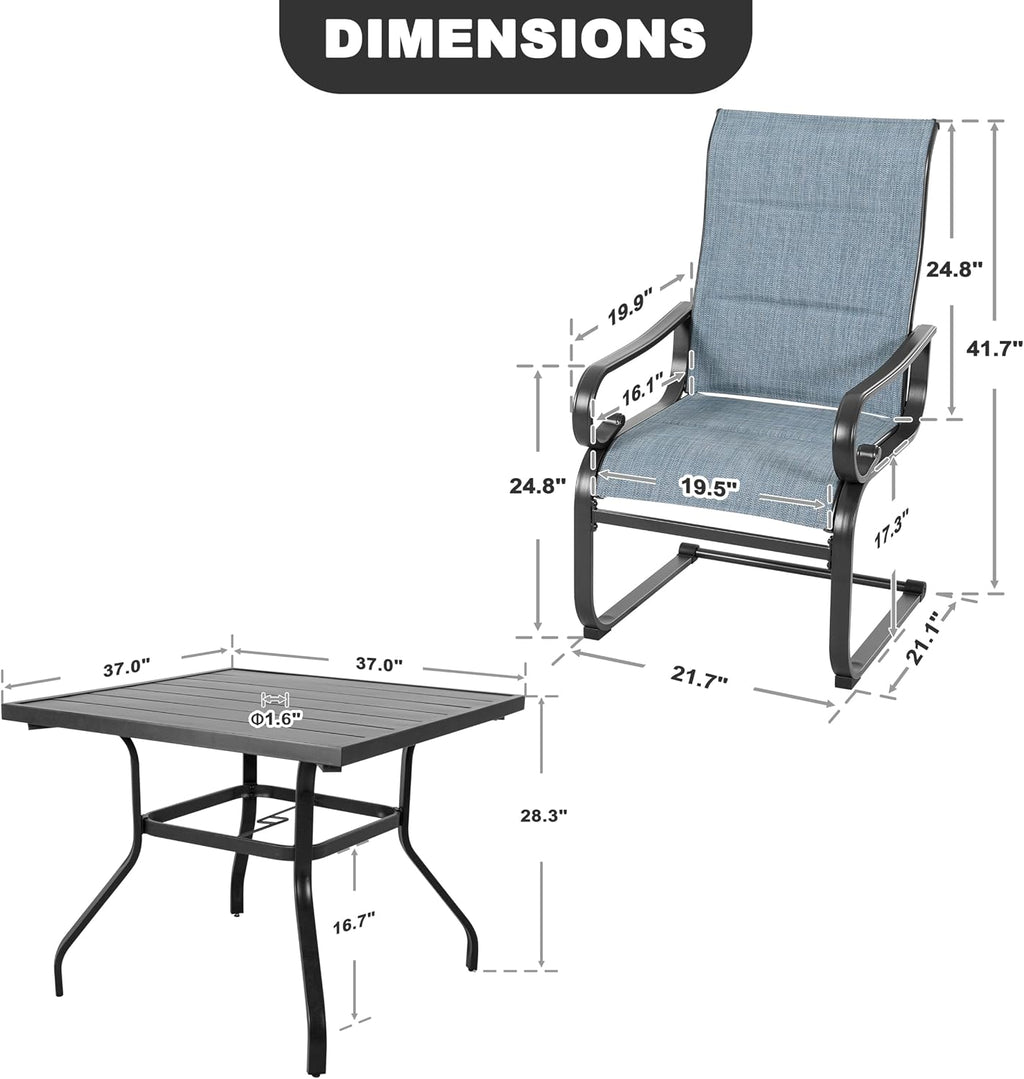 NUU GARDEN 5-Piece Outdoor Patio Furniture Dining Set, 37' Square Metal Table with 1.6' Umbrella Hole and 4 Textilene Padded Chairs, All-Weather Dining Set for Backyard, Deck, Garden, Blue