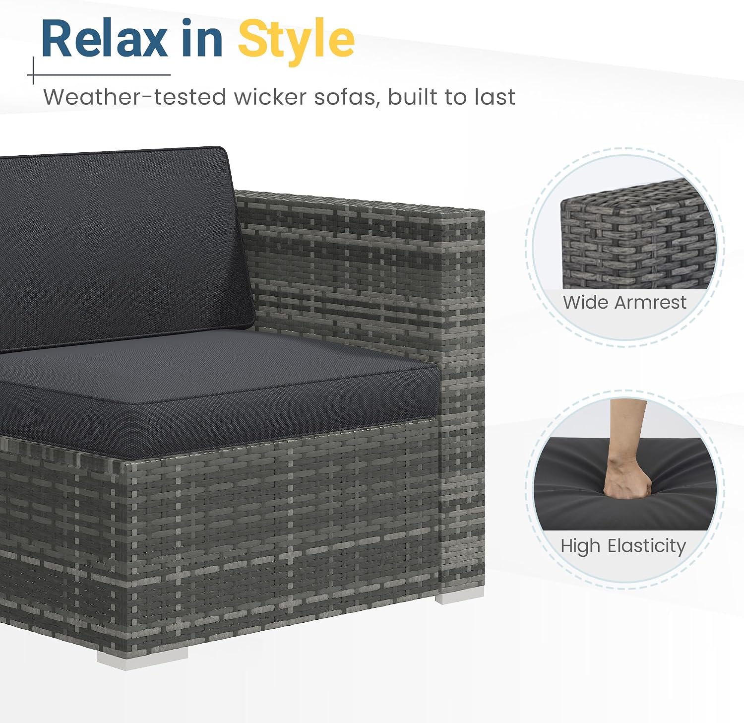Wisteria Lane Outdoor Patio Furniture Set, All Weather Wicker Rattan Sectional Sofa, Patio Conversation Set with Cushions & Glass Coffee Table for Backyard Porch Garden Balcony, Grey
