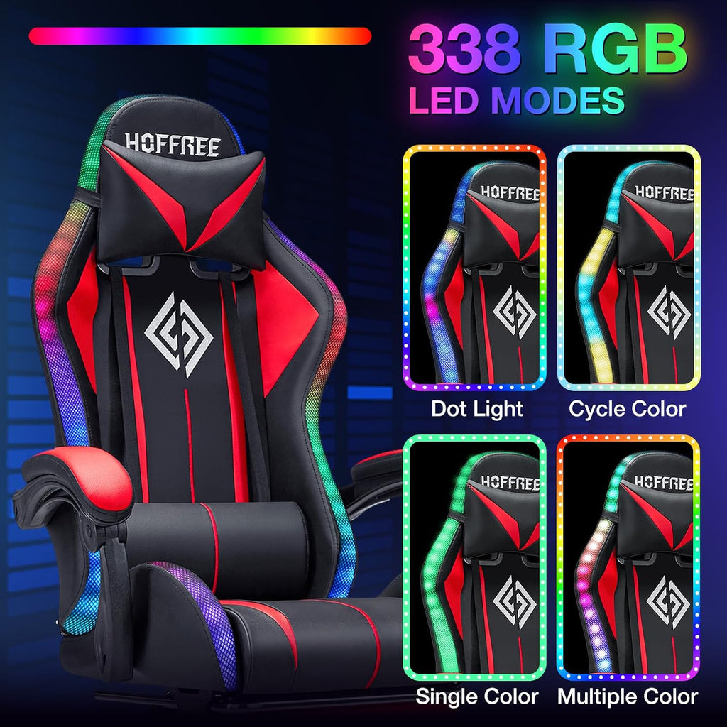 HOFFREE Gaming Chair Massage with LED RGB Lights and Footrest Ergonomic Computer Chair High Back Video Game Chair with Adjustable Lumbar Support Linkage Armrest Red and Black
