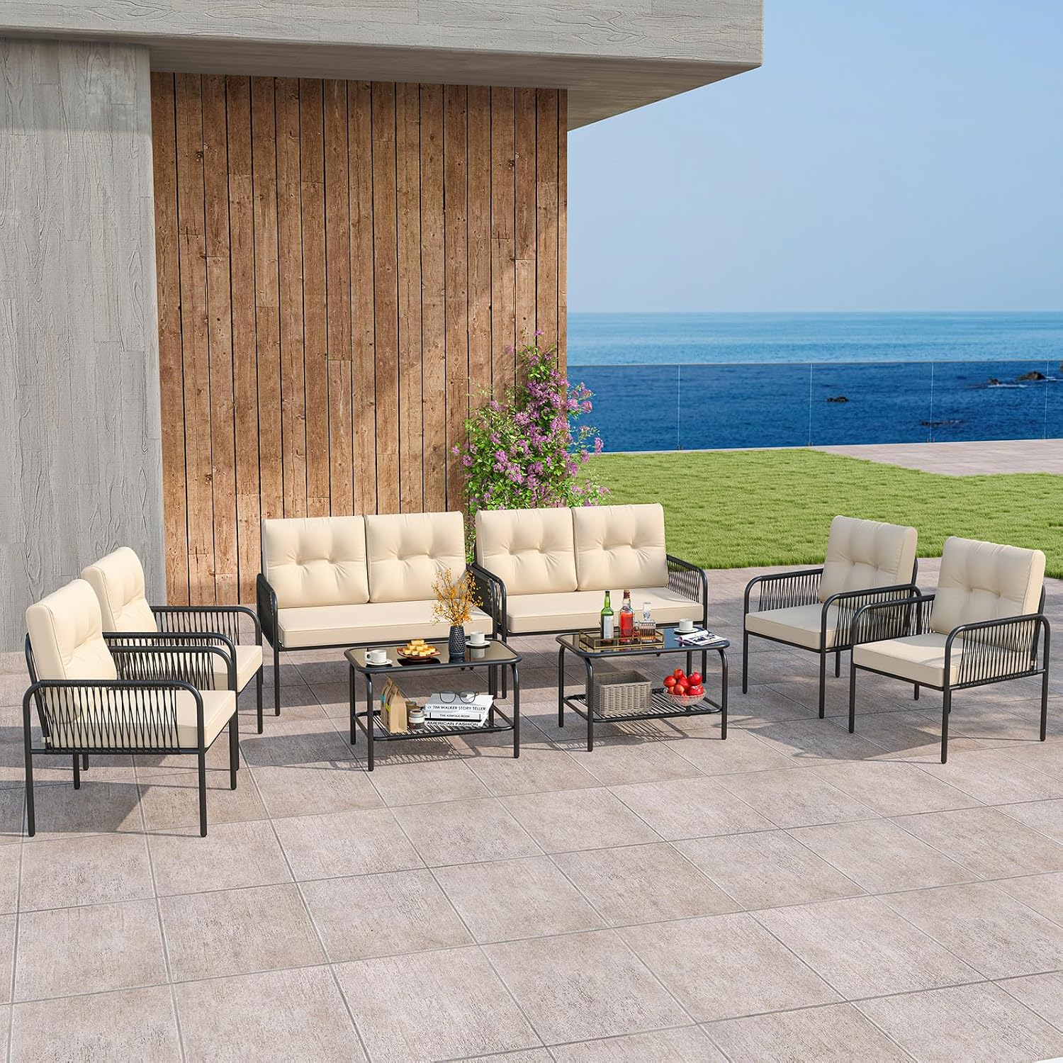 Tangkula 8 Pieces Patio Furniture Set, PE Rattan Sofa Chairs with Loveseat, Tempered Glass Coffee Table and Soft Cushions, Outdoor Conversation Set for Porch, Backyard, Garden and Poolside