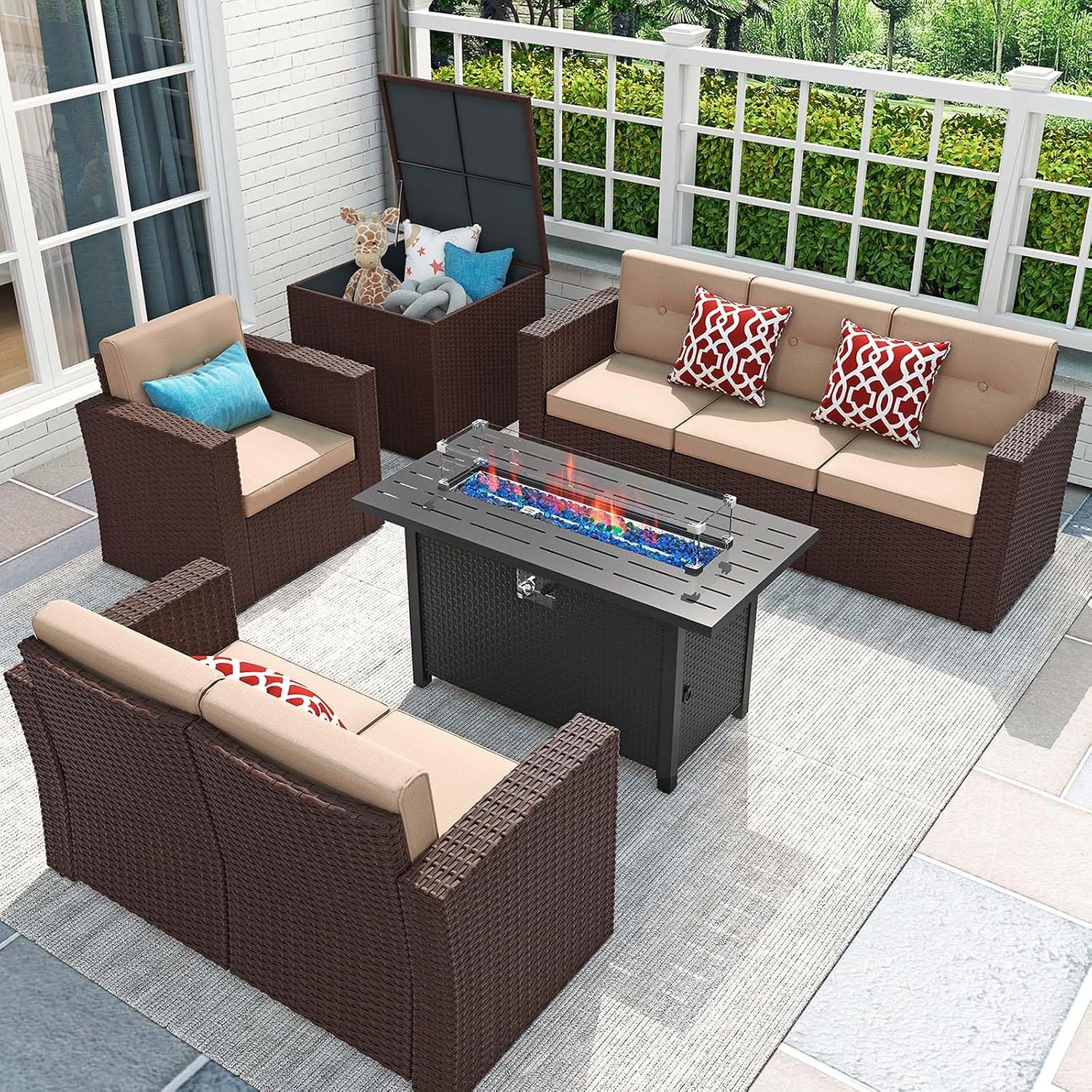 JOIVI 8 Pieces Rattan Patio Furniture Set with 45' Fire Pit Table, Outdoor Conversation Set with 50000 BTU Gas Fire Pit, Wicker Sectional Sofa with Storage Box and Cushions, Beige (Without Table)