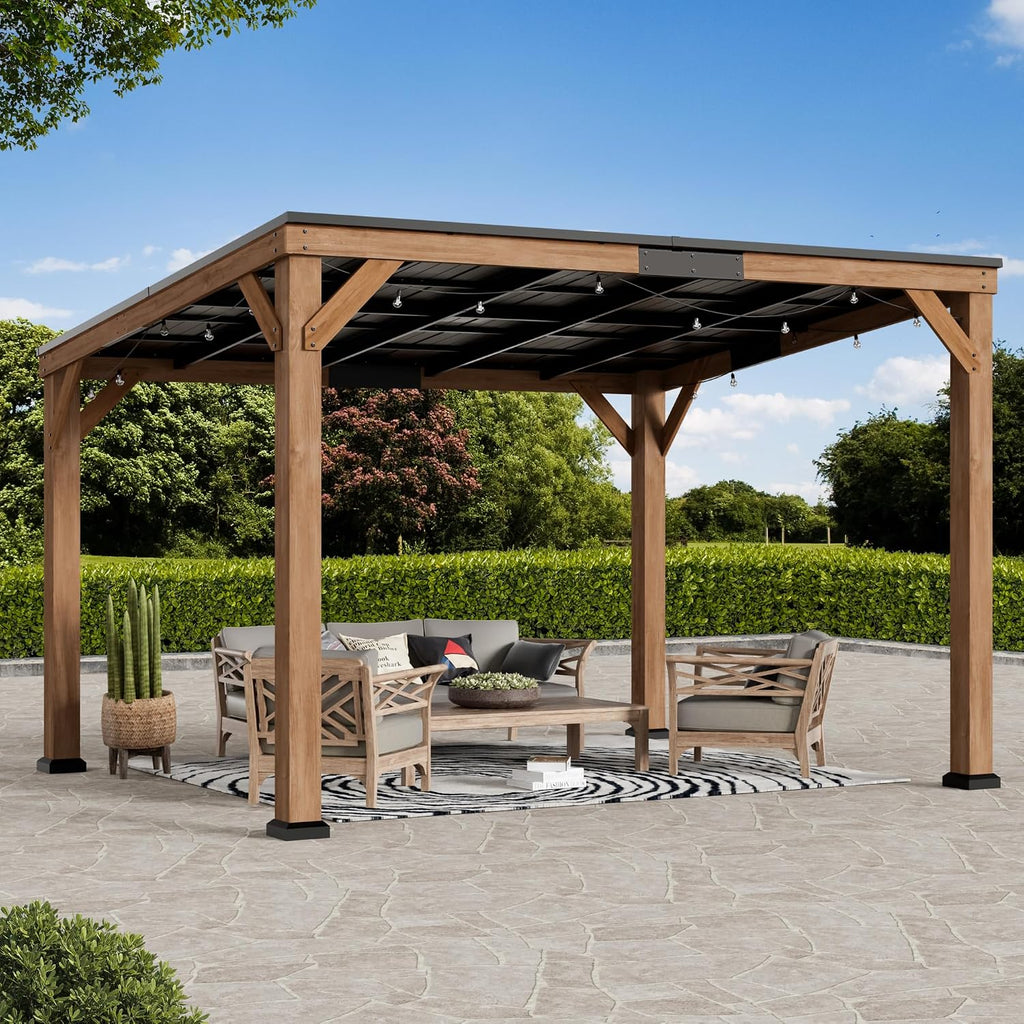 Modern Shade Supreme Cedar Wood Gazebo 10' x 12' with Hardtop Slope Roof, Wooden Carport with Durable and Rot-Resistant, Hardtop Gazebo with Supports Snow Loads and High Wind Speeds for Backyard