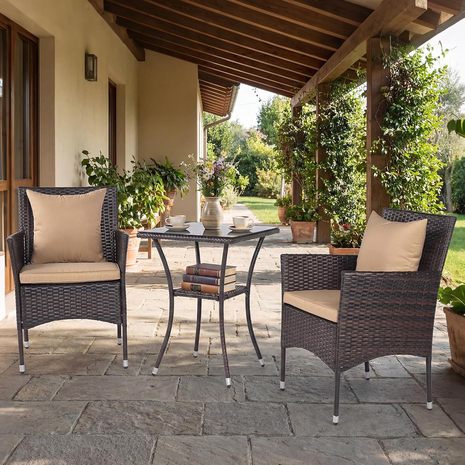 Tangkula 3 Pieces Patio Wicker Bistro Set, 2 Rattan Chairs w/ 2-Tier Tempered Glass Table, Outdoor Conversation Furniture Set with Cushions for Backyard, Porch, Poolside (Mix Brown+Beige)