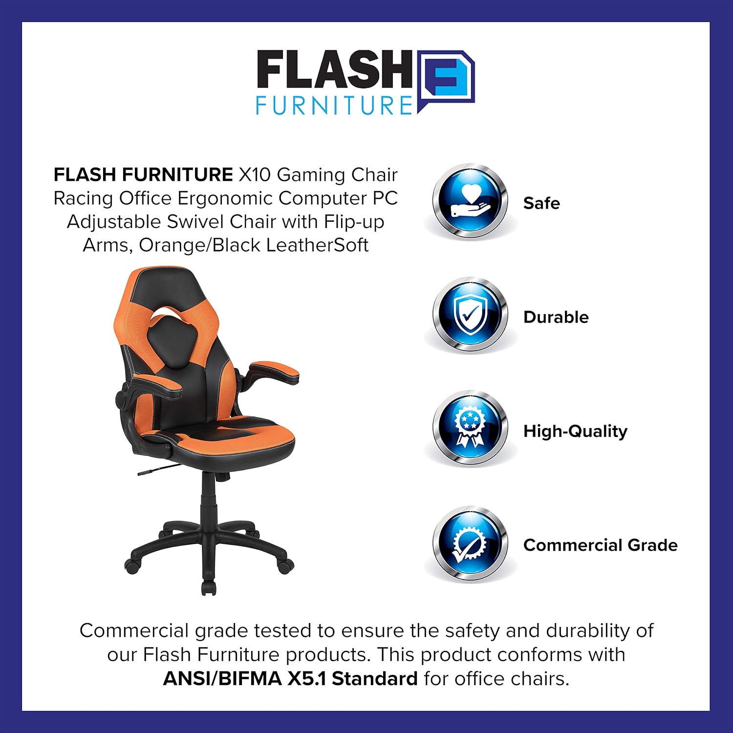 Flash Furniture X10 High-Back LeatherSoft Racing Style Gaming Chair with Flip-Up Arms, Ergonomic Padded Swivel Computer Chair, Orange/Black