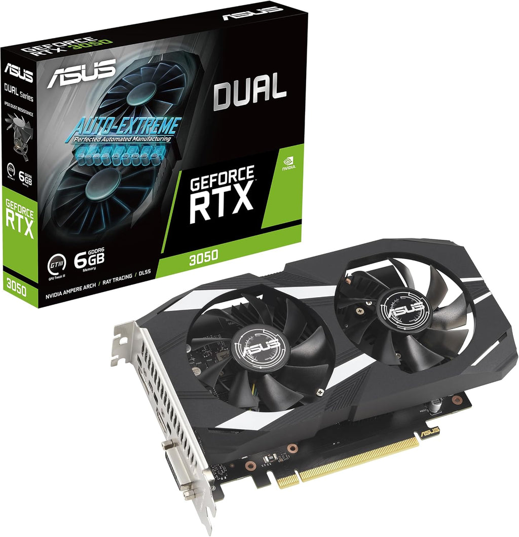 ASUS Dual NVIDIA GeForce RTX 3050 6GB Gaming Graphics Card - PCIe 4.0, 6GB GDDR6 Memory, HDMI 2.1, DisplayPort 1.4a, Native DVI-D, 2-Slot Design, Steel Bracket, IP5X Rating, GPU Tweak III