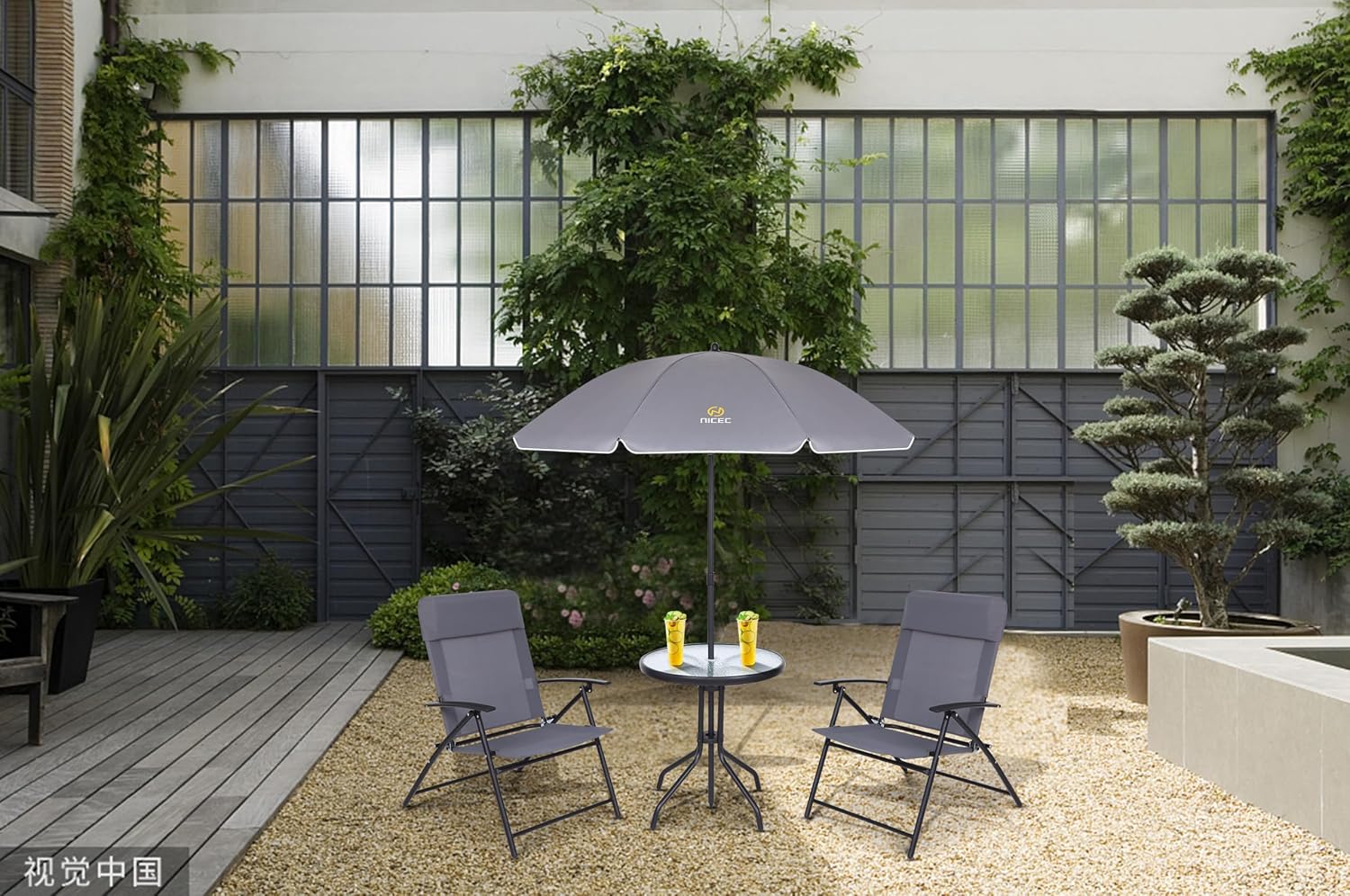 Nice C Patio Set with Umbrella, Outdoor Dinning Set, Patio Furniture Set, Patio Table Chair with Umbrella, Table and Chairs, 4-Piece Garden Furniture Set, Glass Table, 2 Folding Chairs&Umbrella (Grey)