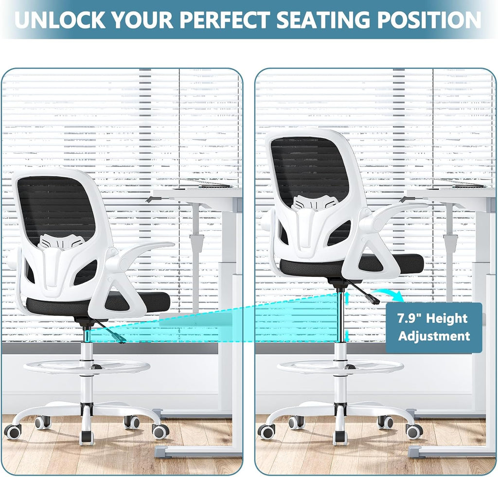 Kensaker Drafting Chair Tall Office Chair, Ergonomic Standing Desk Chair with Adjustable Foot Ring and Flip-up Armrests, Mesh Computer Chair for Art Studio, 300 LBS, White