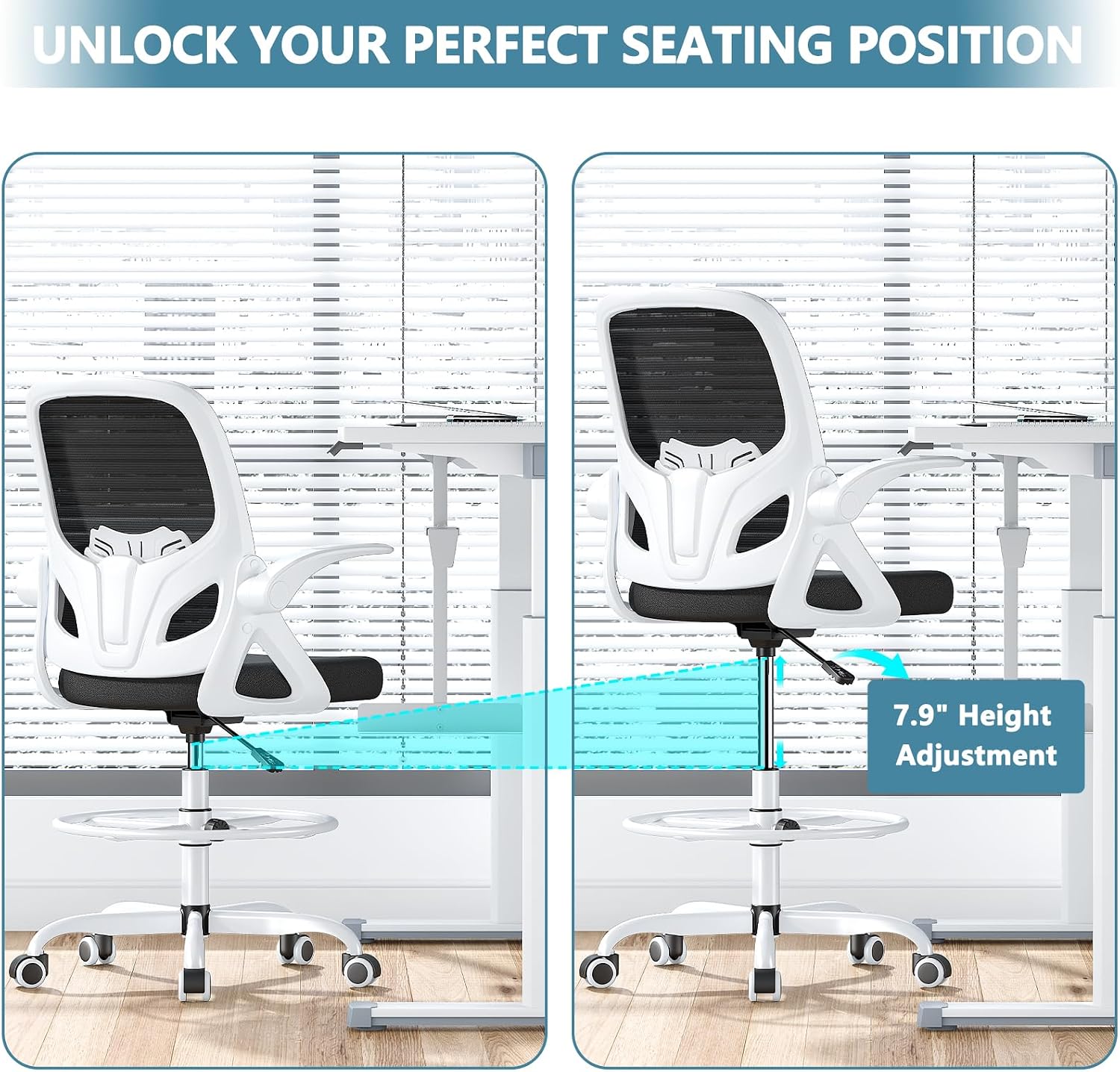 Kensaker Drafting Chair Tall Office Chair, Ergonomic Standing Desk Chair with Adjustable Foot Ring and Flip-up Armrests, Mesh Computer Chair for Art Studio, 300 LBS, White