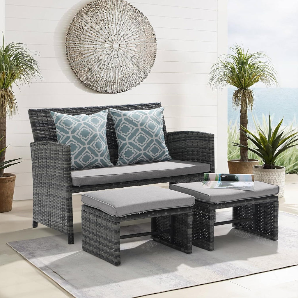 OC Orange-Casual Patio Furniture Set,3 Pieces Outdoor Wicker Conversation Loveseat with Ottomans for Porch, Gray Rattan Light Gray Cushions