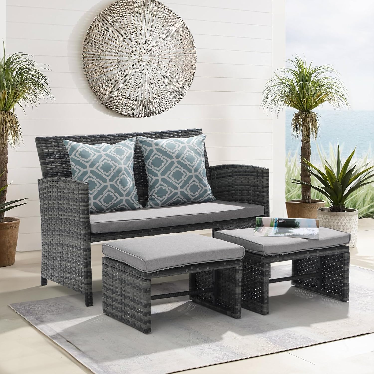 OC Orange-Casual Patio Furniture Set,3 Pieces Outdoor Wicker Conversation Loveseat with Ottomans for Porch, Gray Rattan Light Gray Cushions